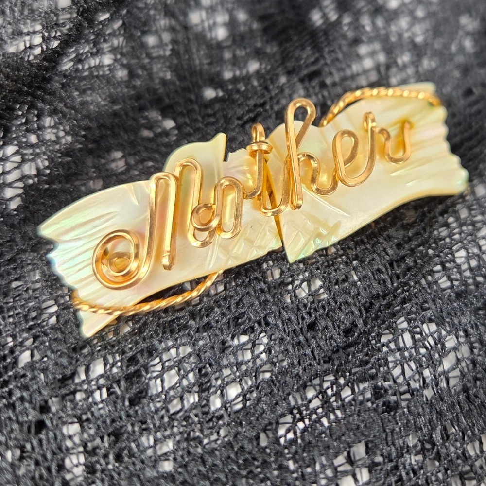 Vintage Mother of Pearl Gold Tone Wire Wrapped Mother Sweetheart Brooch Pin 2"
